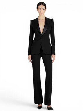 Donna Karan Black Puff Sleeve Jacket Molded Doubleknit Tuxedo Pants Suit NWT 2